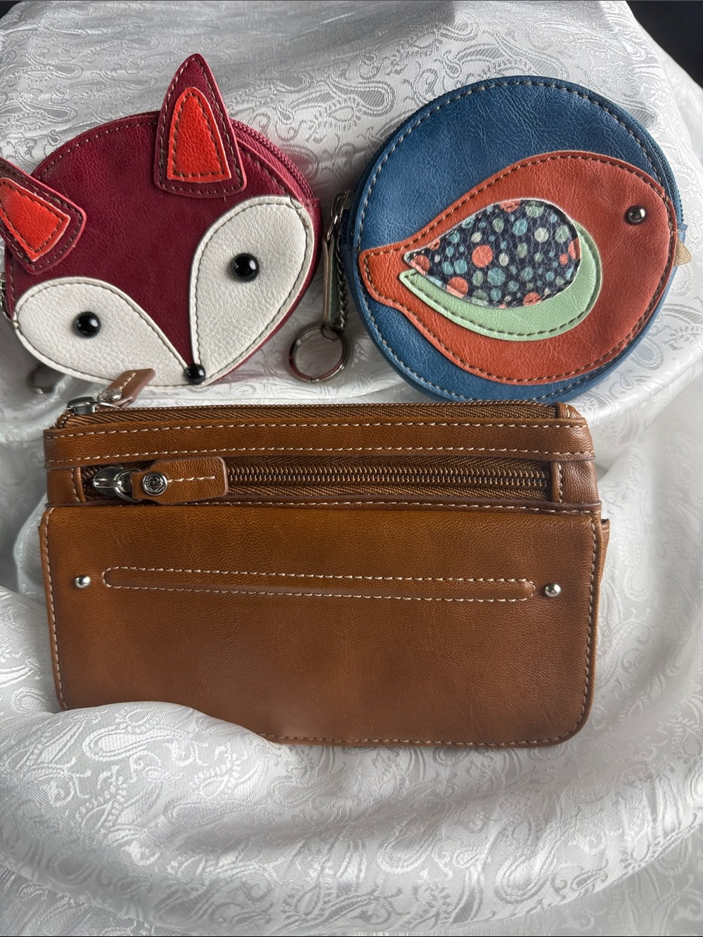 Cute Fox & Bird Coin Pouches with Brown Leather Zip Wallet